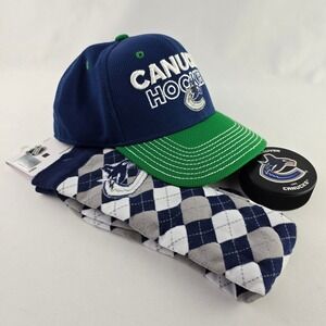 NWT Vancouver Canucks Fan Bundle Adidas Hat Argyle Socks Puck Blue Green S/M